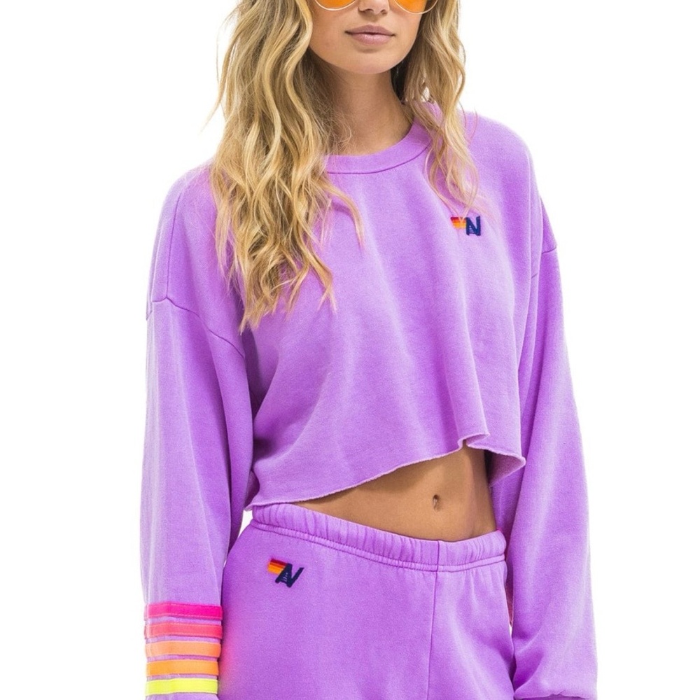 Aviator Nation Rugby Stitch Cropped Crew Sweatshirt - Neon Purple 💜